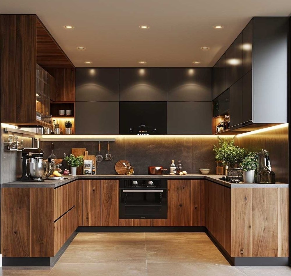 Tủ bếp gỗ Plywood phủ Melamin vân óc chó PL03